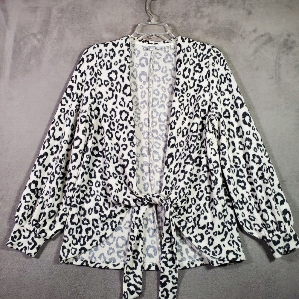 Chico's Tie Front Cardigan Women M White Black Leopard Print Knit Mob Wife Chic